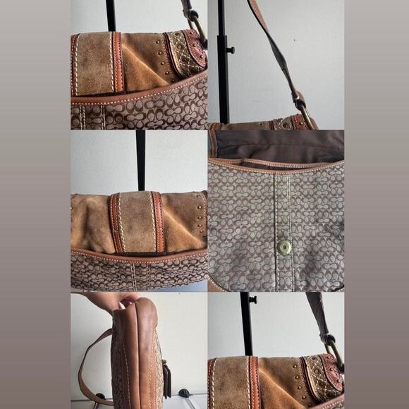 Coach Signature Buckle Flap Shoulder Bag Jacquard Leather Studded Boho Y2K - Picture 7 of 7